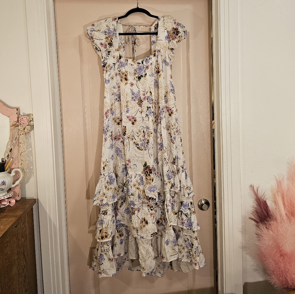 Anthropologie Cream Floral Midi Dress
